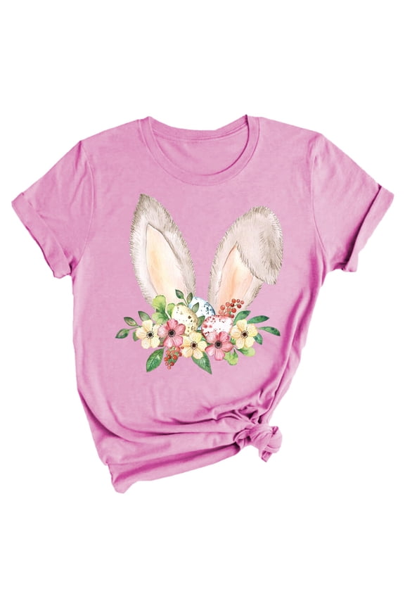 Graphic Tees Women, Easter Tops, Cotton Shirts for Women, Bunny Floral Easter Print Round Neck Short Sleeve Top, Easter Shirt, Pink 2 3XL