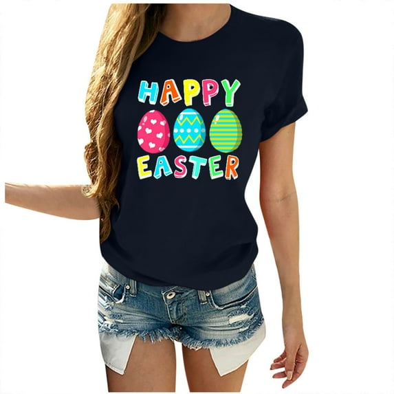 Uooqdmx Graphic Tees Women, Going Out Tops for Women, Easter Shirts for Women, Easter Eggs Happy Easter Print Men and Loose Plus Size Short Sleeves, Crew Neck Shirts, Navy L
