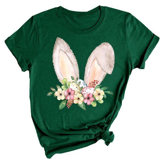 Uooqdmx Graphic Tees Women, Plus Size Tops for Women, Spring Shirts for Women, Bunny Floral Easter Print Round Neck Short Sleeve Top, Easter Outfits for Women, Green 2 3XL