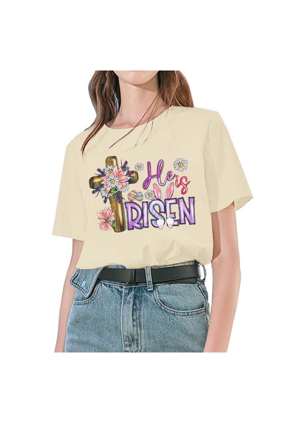Graphic Tees Women, Spring Shirts for Women, Womens Easter Outfit, He is Risen Flower Shirt T Shirt Egg Graphic Tee Top, Womens Tops, Beige L