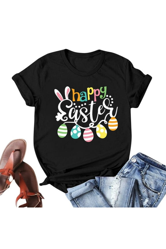 Graphic Tees Women, Womens Tops, Easter Gifts, Easter Day Short Sleeve Crewneck Cute Rabbit Letter Printed T Shirts Casual Tee Tops, Oversized Shirts for Women, Black XL