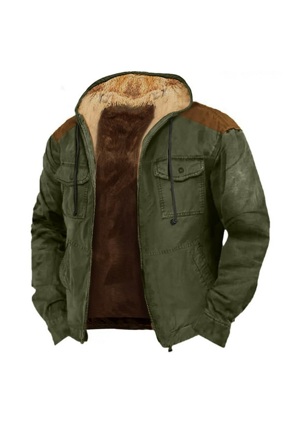 Jackets for Men Fleece Jacket Men Solid Color Combination Hooded Sweater with Brown Pocket Cotton Jacket Winter Jackets for Men Army Green XL