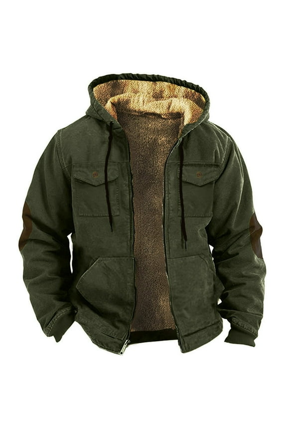 Jackets for Men Fleece Jacket Men Solid Color Combination Hooded Sweater with Brown Pocket Cotton Jacket Winter Jackets for Men Green L