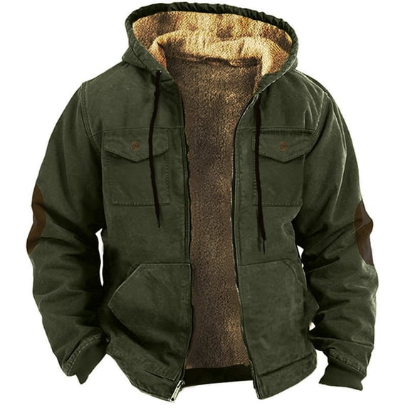 Uooqdmx Jackets for Men Fleece Jacket Men Solid Color Combination Hooded Sweater with Brown Pocket Cotton Jacket Winter Jackets for Men Green S