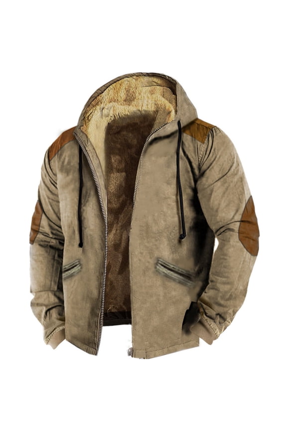 Jackets for Men Fleece Jacket Men Color Matching Hooded Cotton Jacket with Zipper Winter Jackets for Men Khaki 5XL