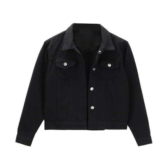 Uooqdmx Jean Jacket Women Denim Jacket for Women Basic Solid Color Button Down Denim Cotton Jacket with Pockets Crop Jacket Coat Cropped Jacket Black L