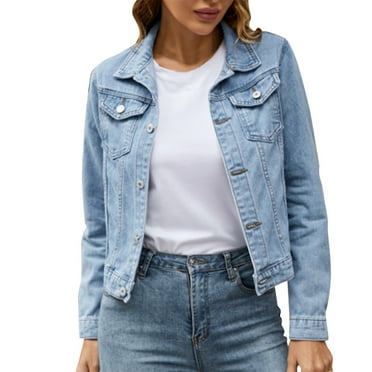 Clearance!Uooqdmx Jean Jacket Women Denim Jacket for Women Basic Solid Color Button Down Denim Cotton Jacket with Pockets Denim Jacket Coat Cropped Jacket Blue L