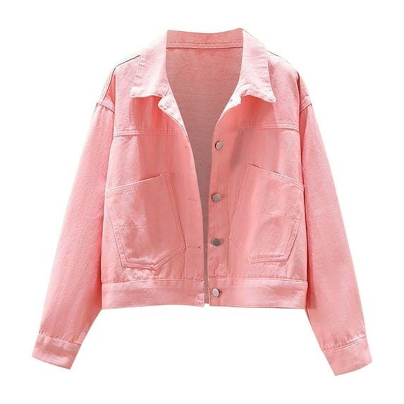 Uooqdmx Jean Jacket Women Denim Jacket for Women Fashion Denim Jacket Casual Solid Color Jacket Cardigan Button Cargo Coat Cropped Jacket Pink L