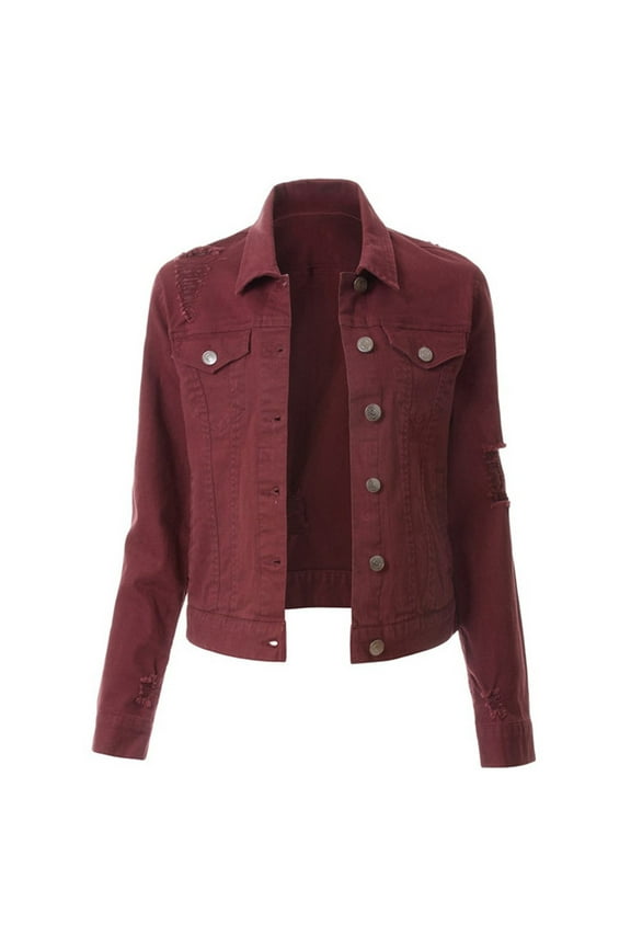 Jean Jacket Women Denim Jacket for Women Bead Fashion Jean Outwear Jacket Overcoat Casual Coat Denim Blouse Cropped Jacket Wine L