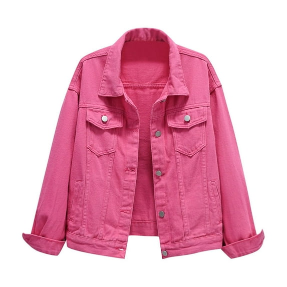 Uooqdmx Jean Jacket Women Denim Jacket for Women Color Denim Jacket Relaxed Fit Casual Jean Trucker Jacket Cropped Jacket Hot Pink L