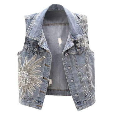 Clearance!Uooqdmx Jean Jacket Women Womens Vests Outerwear Autumn Lace Nail Bead Short Sleeveless Top Vest Denim Vest for Women Blue L