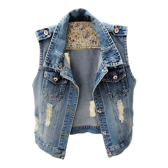 Uooqdmx Jean Jacket Women Womens Vests Outerwear Denim Jean Vest Classic Button Up Cropped Distressed Sleeveless Jean Jacket Vest for Women Blue L