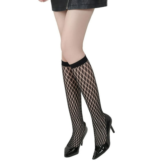 Uooqdmx Knee High Stockings, Fishnet Stockings for Women, Sheer Stockings, Black Lace Hollow Mesh Socks, Long Socks for Women, K One Size