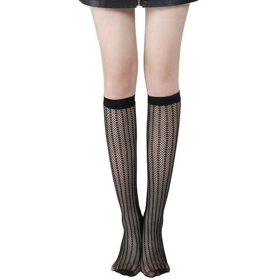 Uooqdmx Knee High Stockings, Fishnet Stockings for Women, Sheer Stockings, Black Lace Hollow Mesh Socks, Long Socks for Women, M One Size