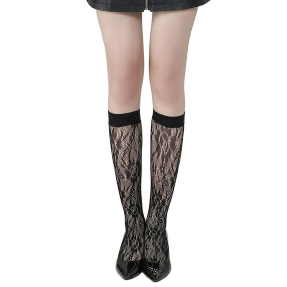Uooqdmx Knee High Stockings, Fishnet Stockings for Women, Sheer Stockings, Black Lace Hollow Mesh Socks, Long Socks for Women, Q One Size