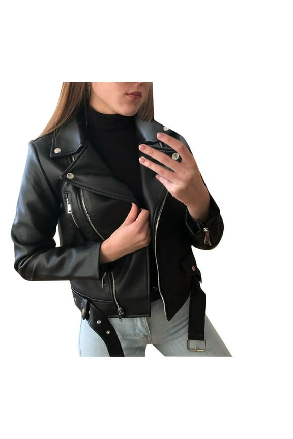 Leather Jacket Women Motorcycle Jacket Cool Faux Leather Jacket Long Sleeve Zipper Coat Fall Short Jacket Fall Jackets for Women 2024 Black L