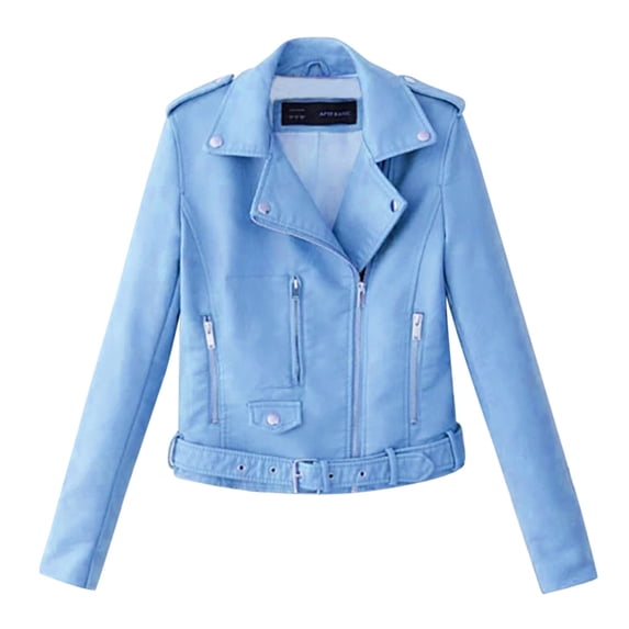 Uooqdmx Leather Jacket Women Motorcycle Jacket Short Lapel Jacket Tops Motor Punk Coat Biker Cropped Zip Coat Fall Jackets for Women 2024 Blue XL