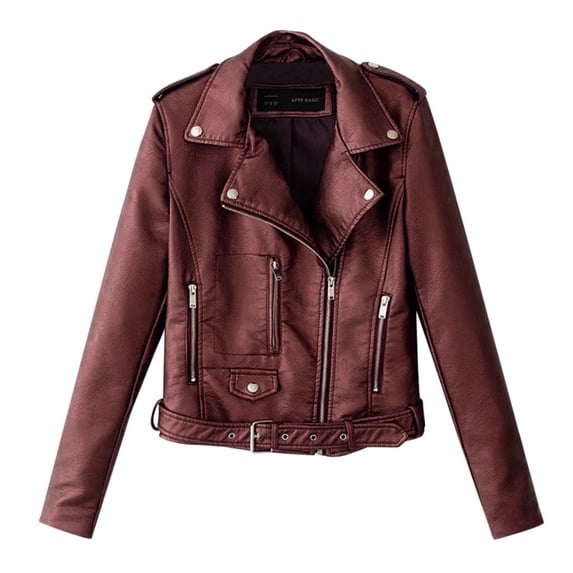 Uooqdmx Leather Jacket Women Motorcycle Jacket Short Lapel Jacket Tops Motor Punk Coat Biker Cropped Zip Coat Fall Jackets for Women 2024 Wine S