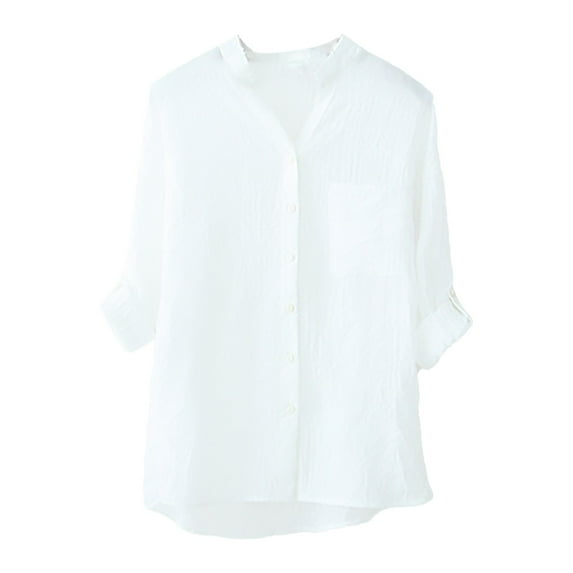 Uooqdmx Linen Button Down Shirt Women, 3/4 Length Sleeve Womens Tops, Linen Clothes, Gauze Tops for Women, Womens Shirts Dressy Casual, White M