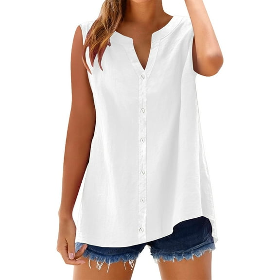 Uooqdmx Linen Button Down Shirt Women, Gauze Tops for Women, Sleeveless Tops for Women, Sleeveless Collared Tops Oversized Up Blouses Work Shirts, Summer Shirts for Women, White XXL