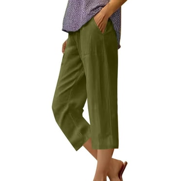 Clearance!Uooqdmx Linen Pants Women Capri Pants for Women Non Drawstring Pocket Floral Cotton Linen Casual Pants Comfy Pants Women Army Green L