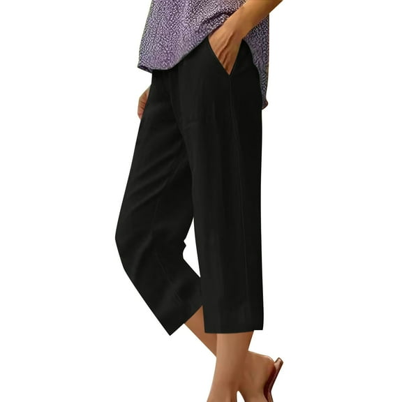 Uooqdmx Linen Pants Women Capri Pants for Women Non Drawstring Pocket Floral Cotton Linen Casual Pants Comfy Pants Women Black L