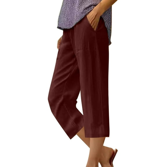 Uooqdmx Linen Pants Women Capri Pants for Women Non Drawstring Pocket Floral Cotton Linen Casual Pants Comfy Pants Women Wine L