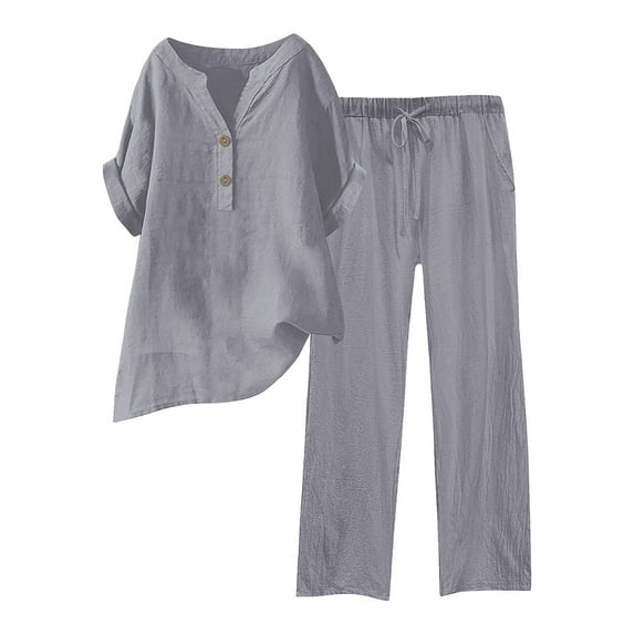 Uooqdmx Linen Sets for Women 2 Piece, Two Piece Sets for Women, Gauze Shirts for Women, Linen Pants Women, Linen Outfits Women 2 Piece, Gray 4XL