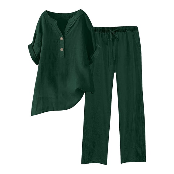 Uooqdmx Linen Sets for Women 2 Piece, Two Piece Sets for Women, Gauze Shirts for Women, Linen Pants Women, Linen Outfits Women 2 Piece, Green XL