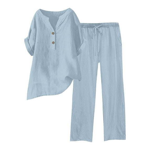 Uooqdmx Linen Sets for Women 2 Piece, Two Piece Sets for Women, Gauze Shirts for Women, Linen Pants Women, Linen Outfits Women 2 Piece, Light Blue S