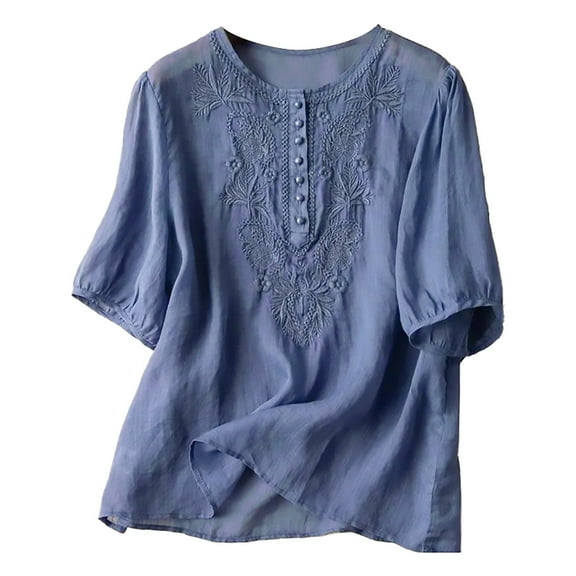 Uooqdmx Linen Tops for Women, Embroidered Top, Gauze Shirts for Women, Loose Embroidery Round Neck Thin Cotton Blouse, Plus Size Spring Clothes for Women, Blue XXL