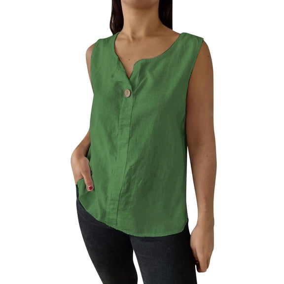 Uooqdmx Linen Tops for Women, Linen Button Down Shirt Women, Gauze Tops for Women, Summer Solid Color Casual Loose Sleeveless Tunic Tops, Summer Tank Tops for Women, Green S