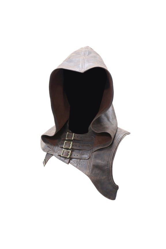 Medieval Hood, Cowl Hood, Vintage Hats, Fashion Solid Punk Faux Leather Windproof Hooded Cap, /, Brown 5 5XL