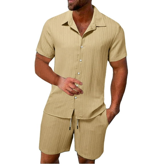 Uooqdmx Mens T-shirts Mens Shorts Summer Breathable Two Wrinkled Shirt Shorts Set Textured Beach Suit 2 Piece Sets for Men Beige L