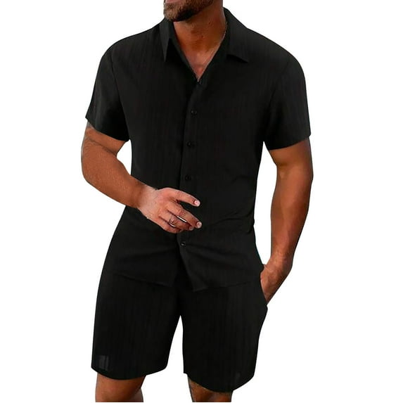 Uooqdmx Mens T-shirts Mens Shorts Summer Breathable Two Wrinkled Shirt Shorts Set Textured Beach Suit 2 Piece Sets for Men Black S