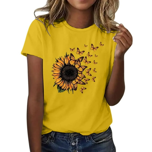 Uooqdmx Plus Size Tops for Women Short Sleeve Shirts for Women Letter Sunflower Butterfly Print Round Neck Short Sleeve T Shirt Top Summer Tops for Women 2024 Yellow S