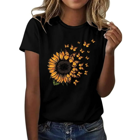 Uooqdmx Plus Size Tops for Women Short Sleeve Shirts for Women Letter Sunflower Butterfly Print Round Neck Short Sleeve T Shirt Top Summer Tops for Women 2024 Black L