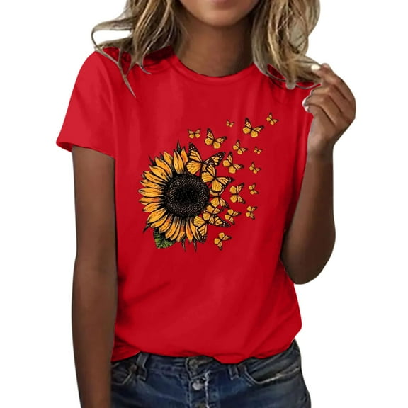 Uooqdmx Plus Size Tops for Women Short Sleeve Shirts for Women Letter Sunflower Butterfly Print Round Neck Short Sleeve T Shirt Top Summer Tops for Women 2024 Red 2XL