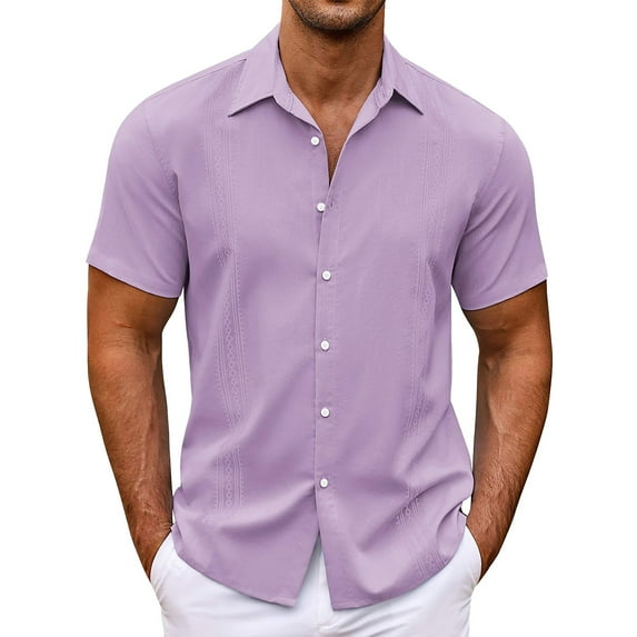 Uooqdmx Polo Shirts for Men Mens Dress Shirts Casual Fashion Solid Color Trendy Striped Loose Button Short Sleeved Shirt Mens Button Down Short Sleeve Shirt Purple XL