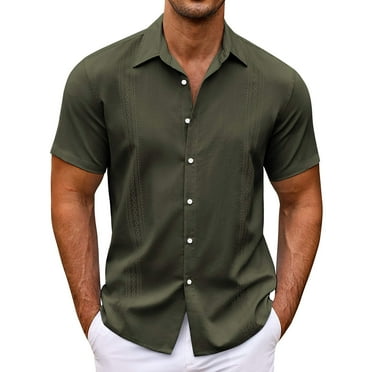 Clearance!Uooqdmx Polo Shirts for Men Mens Dress Shirts Casual Fashion Solid Color Trendy Striped Loose Button Short Sleeved Shirt Mens Button Down Short Sleeve Shirt Army Green L