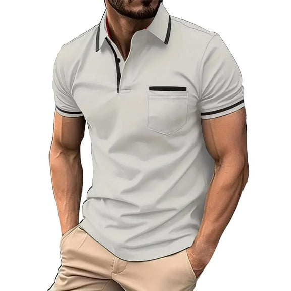 Uooqdmx Polo Shirts for Men Mens Dress Shirts Fashion Spring and Summer Casual Short Sleeved Buttons Lapel Solid Color T Shirt Tops Mens Polo Shirts Short Sleeve Gray 2XL