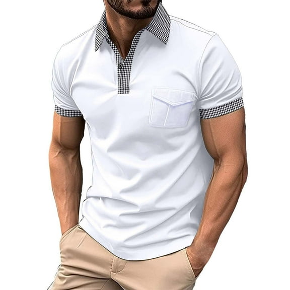 Uooqdmx Polo Shirts for Men Mens Dress Shirts Fashion Spring and Summer Casual Short Sleeved Buttons Lapel Solid Color T Shirt Tops Mens Polo Shirts Short Sleeve White L