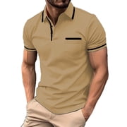Uooqdmx Polo Shirts for Men Mens Dress Shirts Fashion Spring and Summer Casual Short Sleeved Buttons Lapel Solid Color T Shirt Tops Mens Polo Shirts Short Sleeve Khaki S