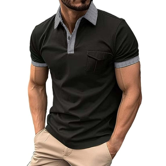 Uooqdmx Polo Shirts for Men Mens Dress Shirts Fashion Spring and Summer Casual Short Sleeved Buttons Lapel Solid Color T Shirt Tops Mens Polo Shirts Short Sleeve Black L