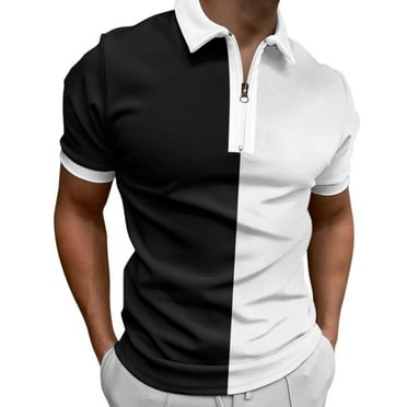 Uooqdmx Polo Shirts for Men Mens Dress Shirts Male Casual Splicing Print Zipper Turn Down Collar Blouse Short Sleeve Tops Shirt Casual Shirts for Men Black L