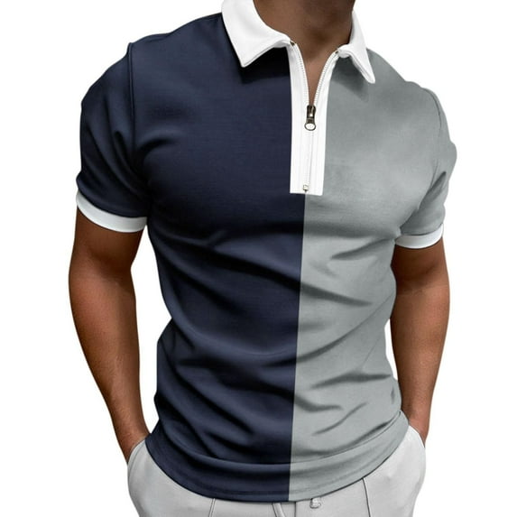 Uooqdmx Polo Shirts for Men Mens Dress Shirts Male Casual Splicing Print Zipper Turn Down Collar Blouse Short Sleeve Tops Shirt Casual Shirts for Men Navy 3XL