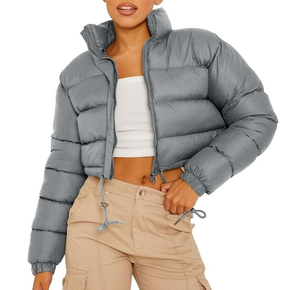 Uooqdmx Puffer Jacket Womens Cropped Jacket Solid Color Shorts Zippered Long Sleeve Drawstring Jacket Women's Down Jackets & Parkas Gray L