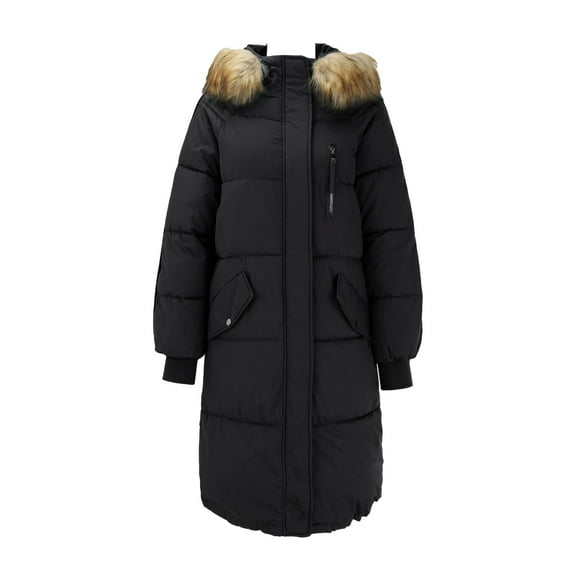 Uooqdmx Puffer Jacket Womens Winter Coats Long Winter Puffer Coat Warm Maxi Down Jacket Faux Removable Hood Parka Trench Coat Women Black L