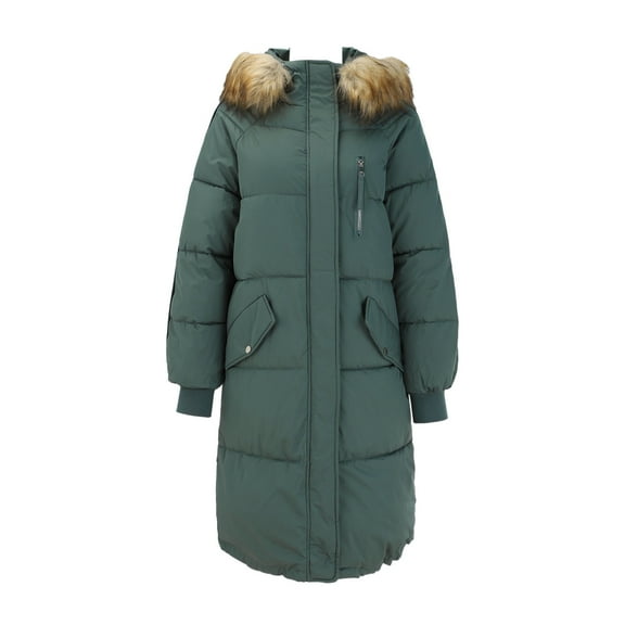 Uooqdmx Puffer Jacket Womens Winter Coats Long Winter Puffer Coat Warm Maxi Down Jacket Faux Removable Hood Parka Trench Coat Women Green L
