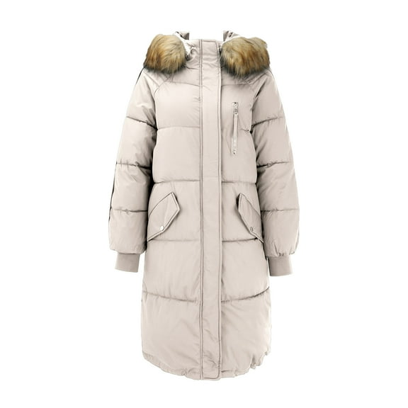 Uooqdmx Puffer Jacket Womens Winter Coats Long Winter Puffer Coat Warm Maxi Down Jacket Faux Removable Hood Parka Trench Coat Women White L